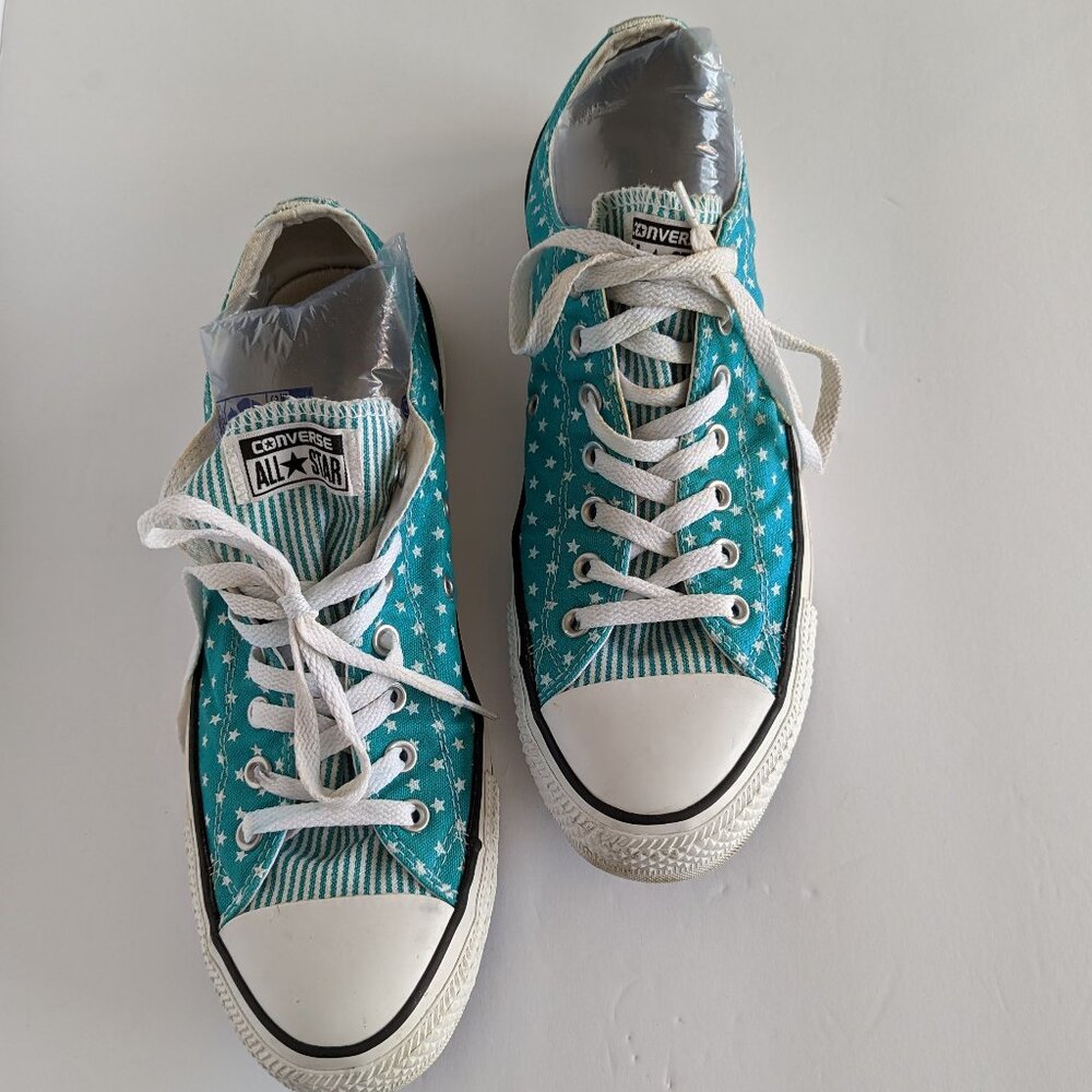 Converse Green All-Star Tennis Shoes with Star Canvas Upper, Striped Tongue Used